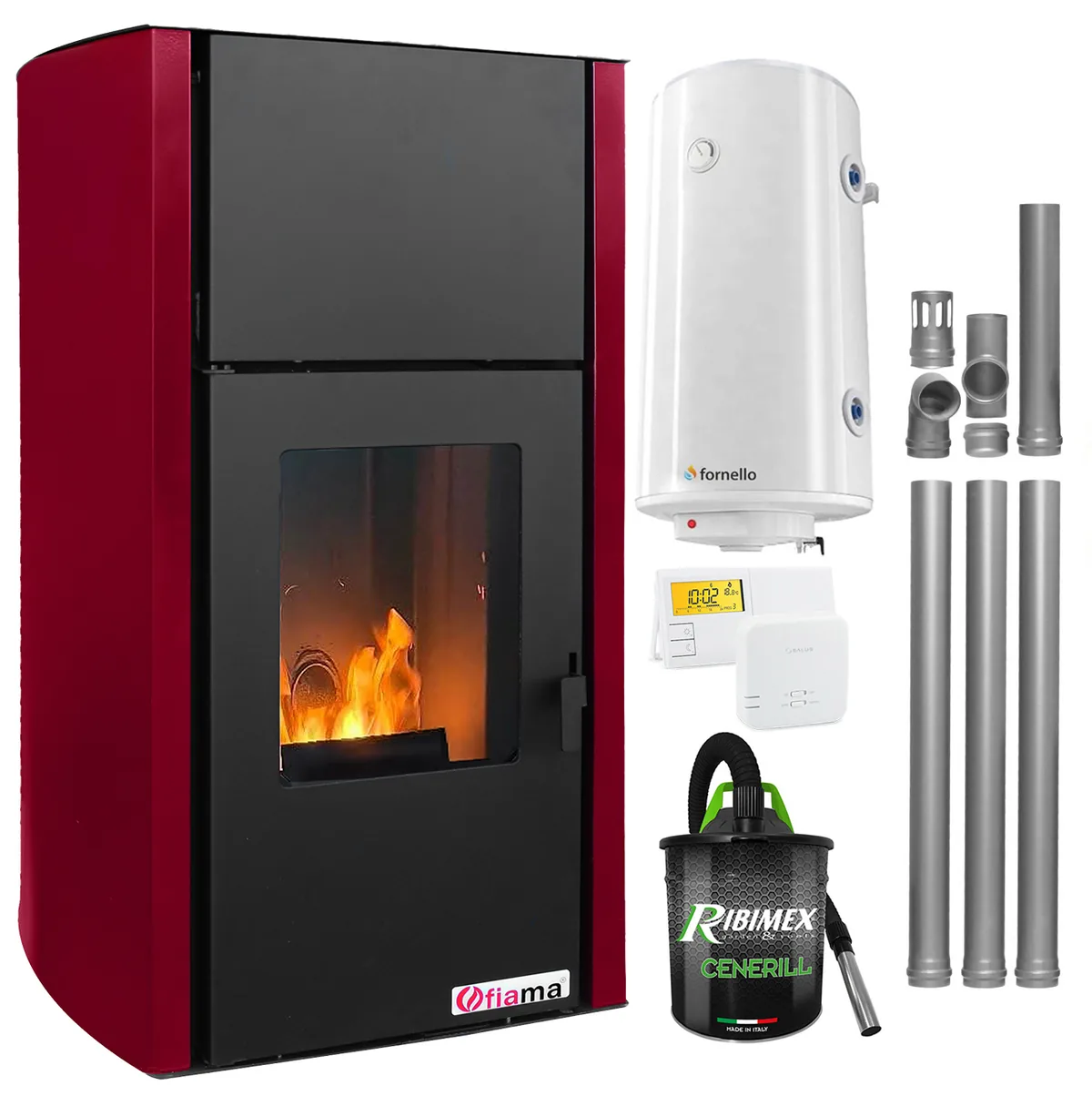 Fornello Fiama Confort 25kw Bordeaux Pachet cu Boiler 100l Termostat Salus Aspirator Cenusa Kit Evacuare 3.5m
