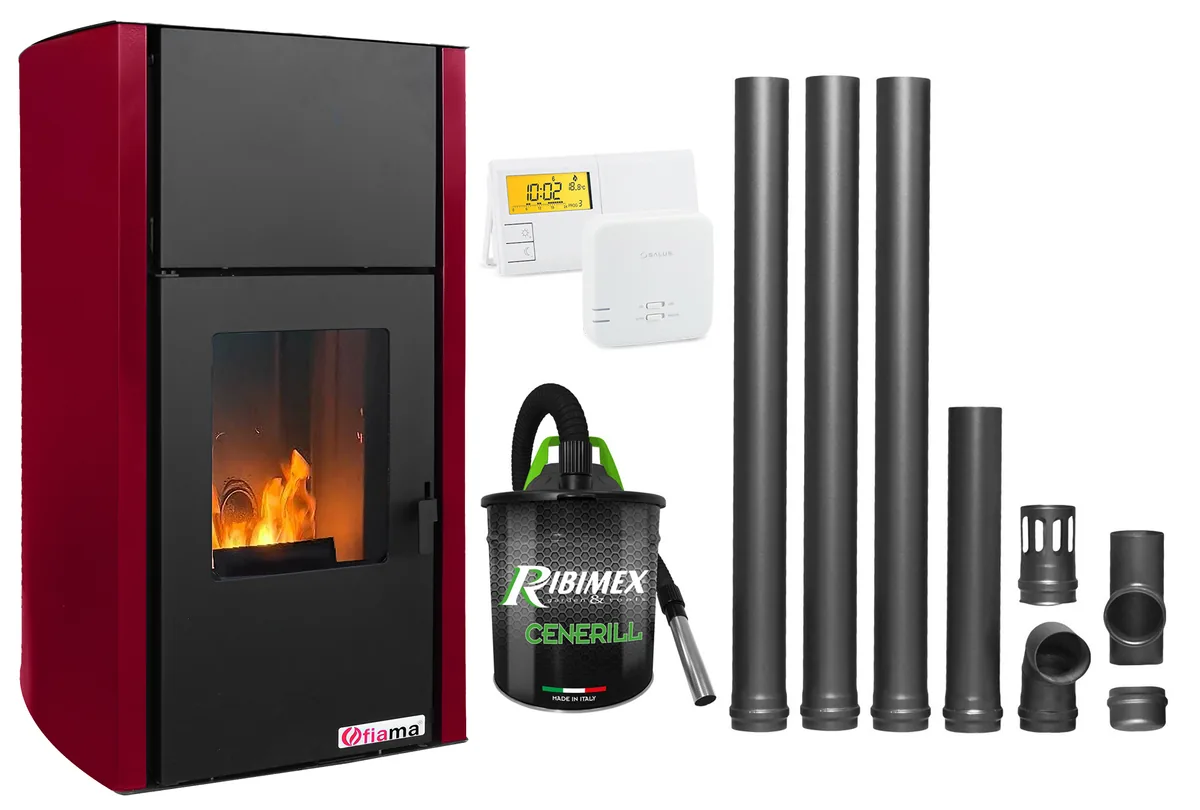 Fornello Fiama Confort 25kw Bordeaux Pachet cu Termostat Salus Aspirator Cenusa Kit Evacuare 3.5m