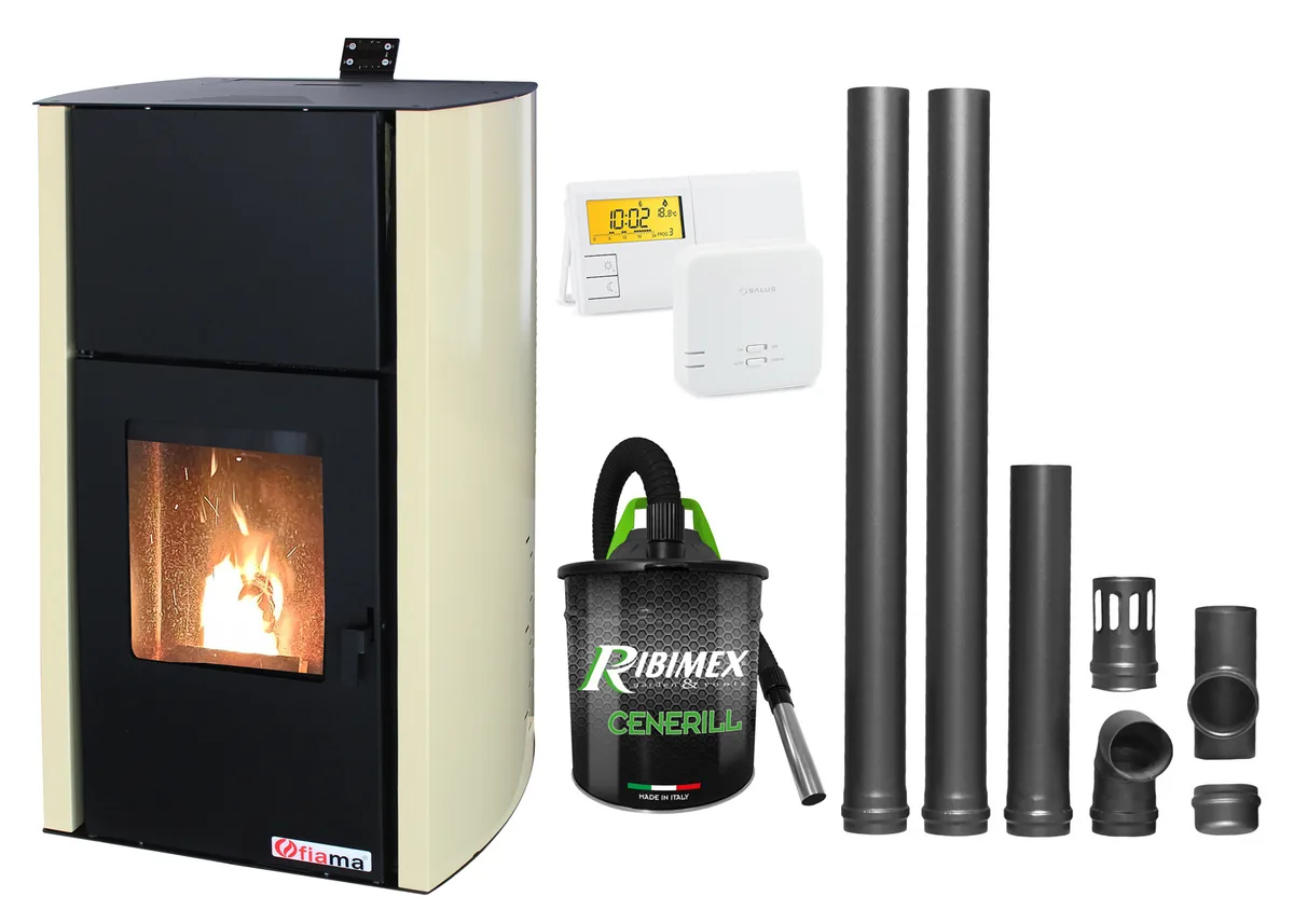 Fornello Fiama Confort 25kW Pachet Complet cu Termostat Salus Aspirator Cenusa si Kit Evacuare