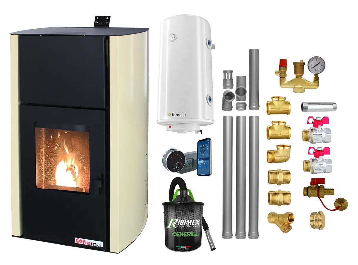 Fornello Fiama Confort 25kw Pachet Control de la Distanta 160mp Crem