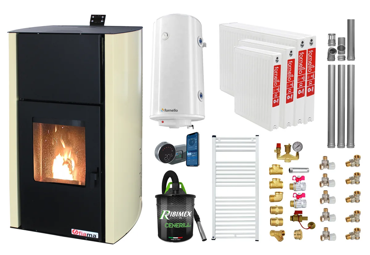 Fornello Fiama Confort 30 kW Pachet Termosemineu Peleti 200mp Crem