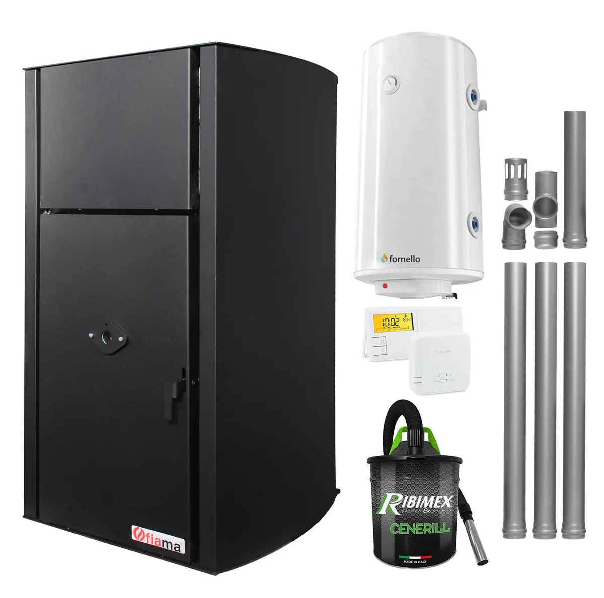 Fornello Fiama Confort B 25kW Pachet Boiler 100L Termostat Salus 091FLRFV2 Aspirator Cenusa Kit Evacuare 3.5m