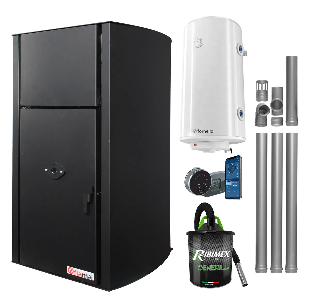 Fornello Fiama Confort B 25kW Pachet Complet cu Boiler 100L Termostat Salus IT800 Aspirator Cenusa Kit Evacuare 3.5m