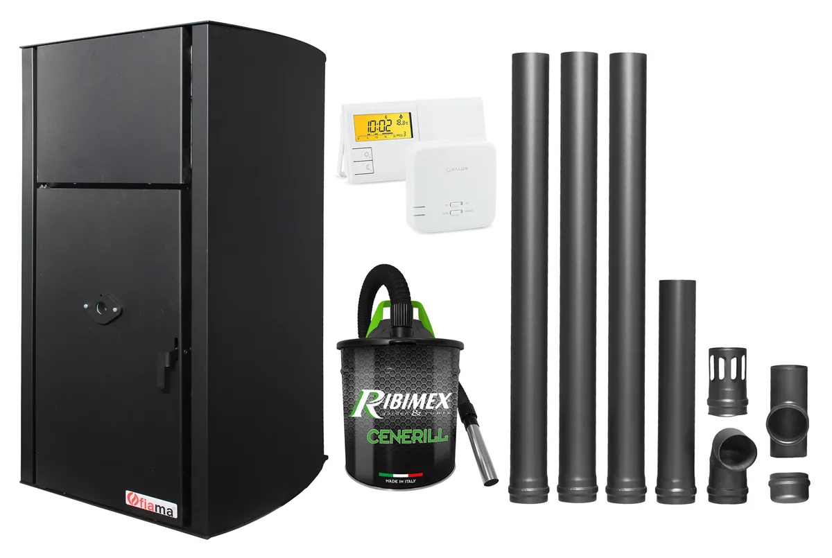 Fornello Fiama Confort B 25kW Pachet Complet cu Termostat Salus Aspirator Cenusa si Kit Evacuare 3.5m Negru