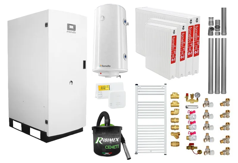 Fornello GT 35 Centrala pe Peleri Standard 35KW Pachet Set Radiatoare Boiler Kit Evacuare Termostat Aspirator Kit Montaj