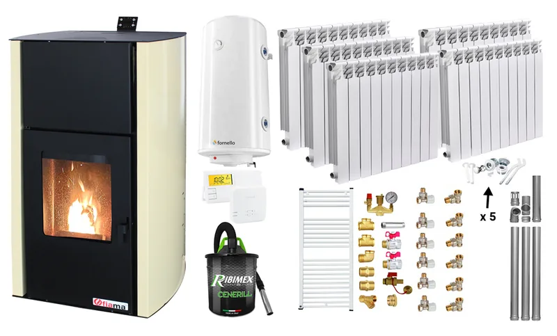 Fornello Pachet Termosemineu Fiama Confort 25kw cu Calorifere Alvo Boiler 100l Termostat Aspirator Kit Evacuare 3.5m Kit Montaj