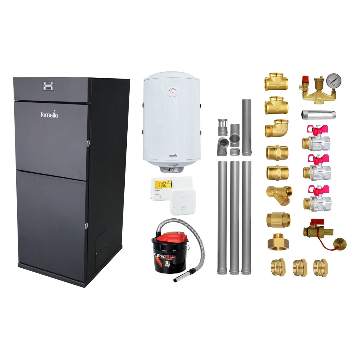 Fornello Pellet King 30kW Pachet Instalare Boiler 100L Termostat Salus Aspirator Kit Montaj
