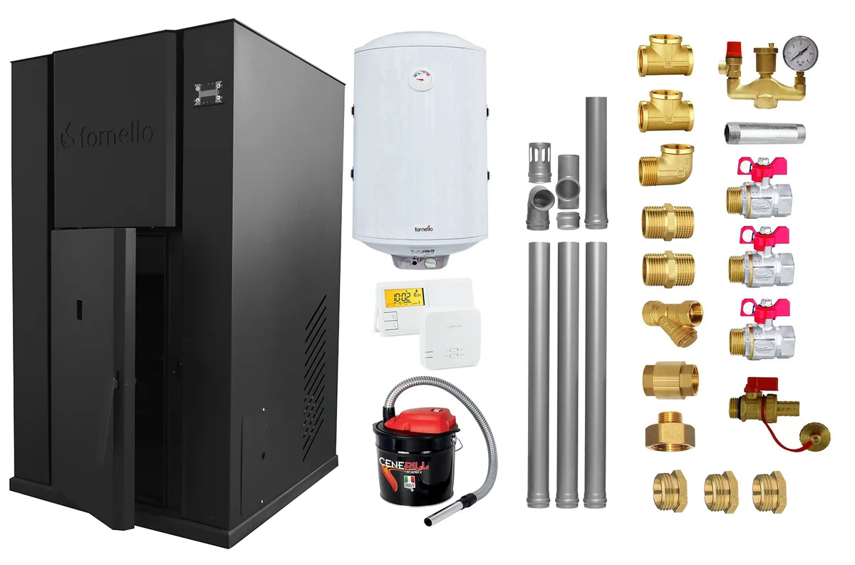 Fornello Pellet King 35kW Pachet Complet cu Boiler 100L Termostat Salus si Aspirator Cenusa