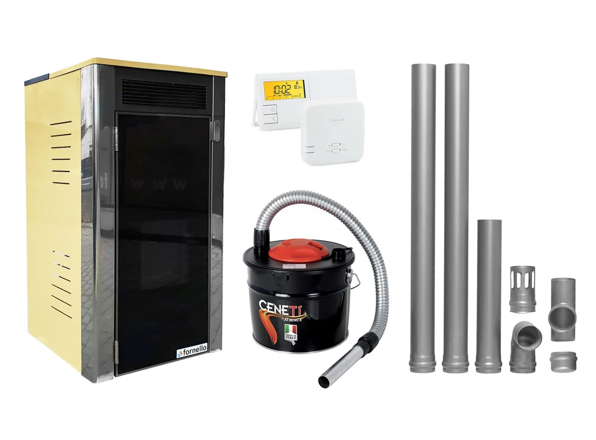 Fornello Primo Truva 25kW Ivory Pachet cu Kit Evacuare 2.5m, Termostat Salus si Aspirator Cenusa