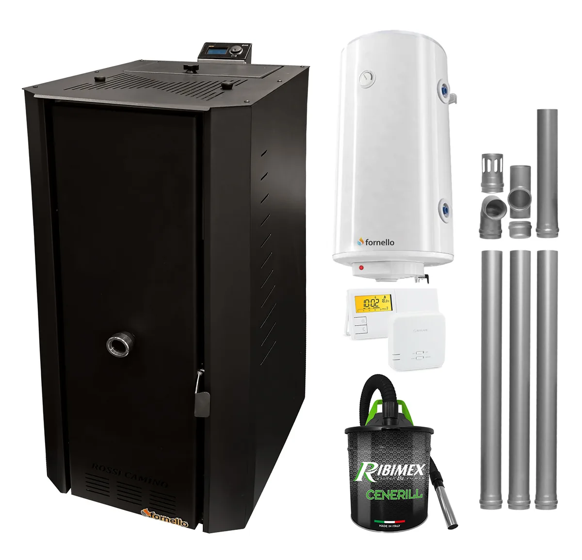 Fornello Rossi B Black 25kW cu Boiler 100L si Kit Evacuare