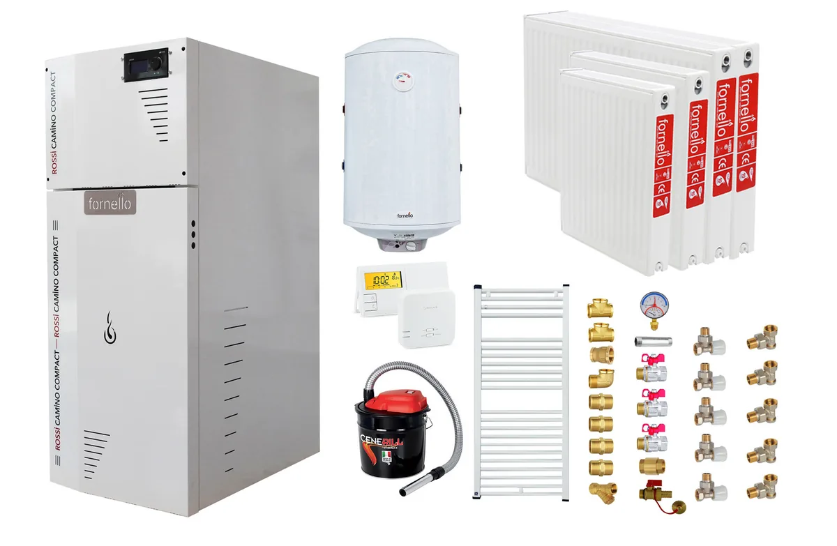 Fornello Rossi Camino Compact 35kW Pachet Boiler Termostat Radiatoare Kit