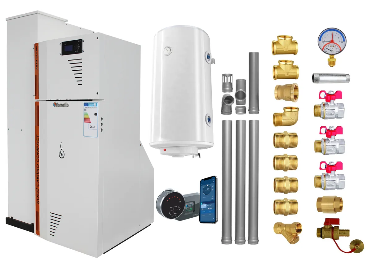 Fornello Rossi Camino Compact Automatic 25kW Pachet cu Boiler 100L si Termostat Salus IT800 Negru