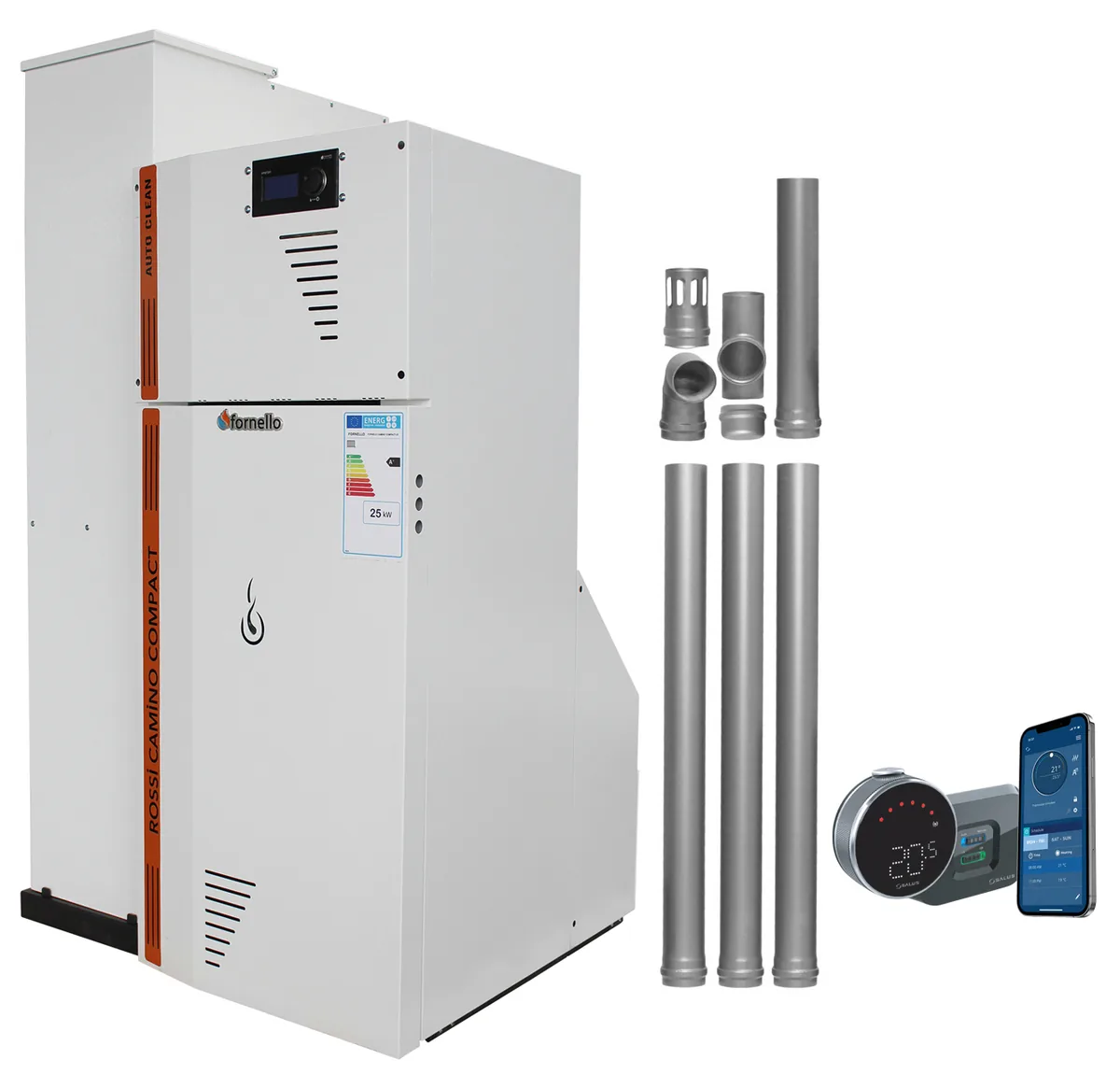 Fornello Rossi Camino Compact Automatic 25kw Pachet cu Termostat Salus IT800 si Kit Evacuare 80mm