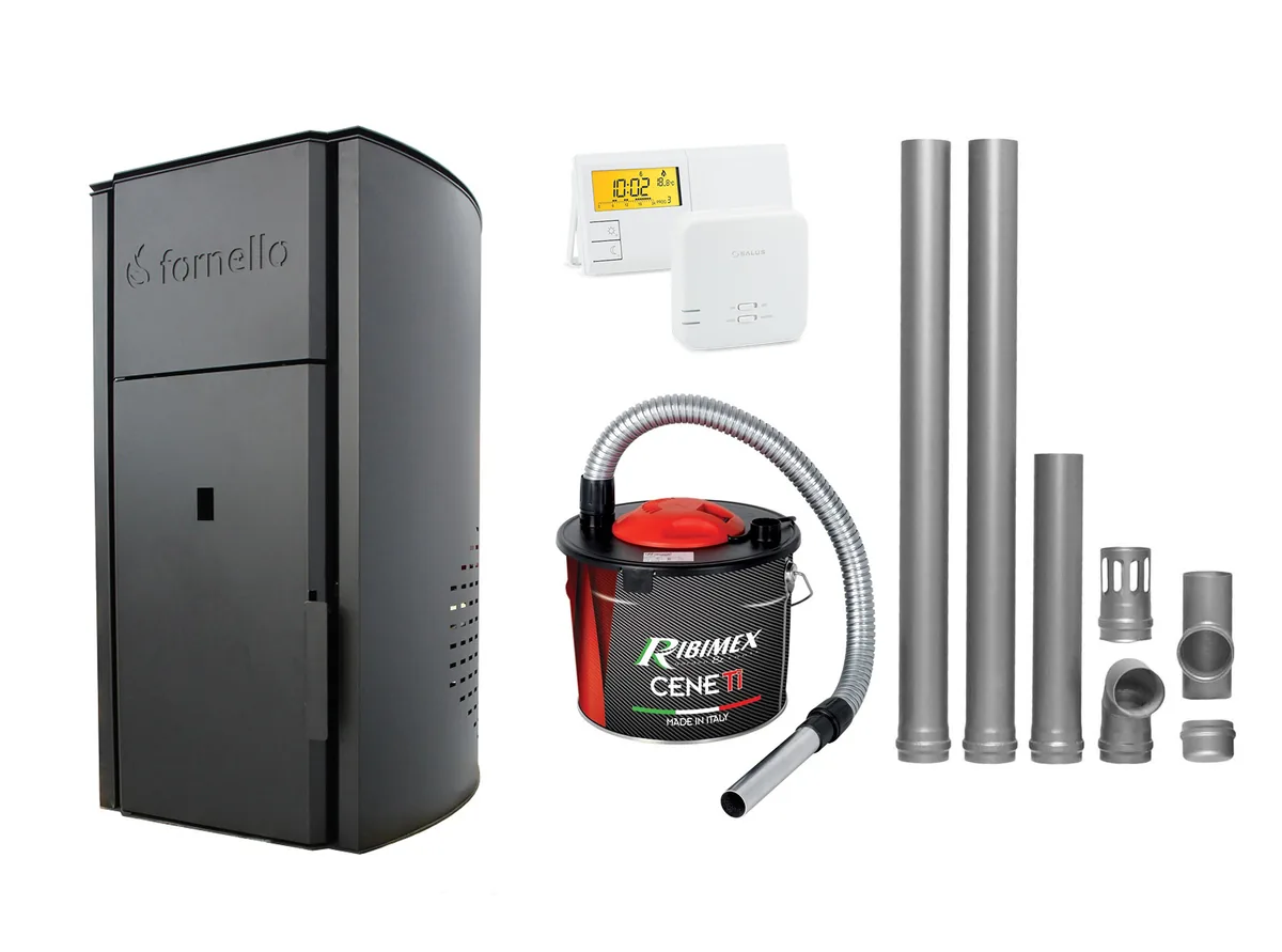 Fornello Royal Black 25kW Cu Kit Evacuare 2.5m Termostat Salus 091FLRFV2 Si Aspirator Cenusa Ribimex Ceneti 800W