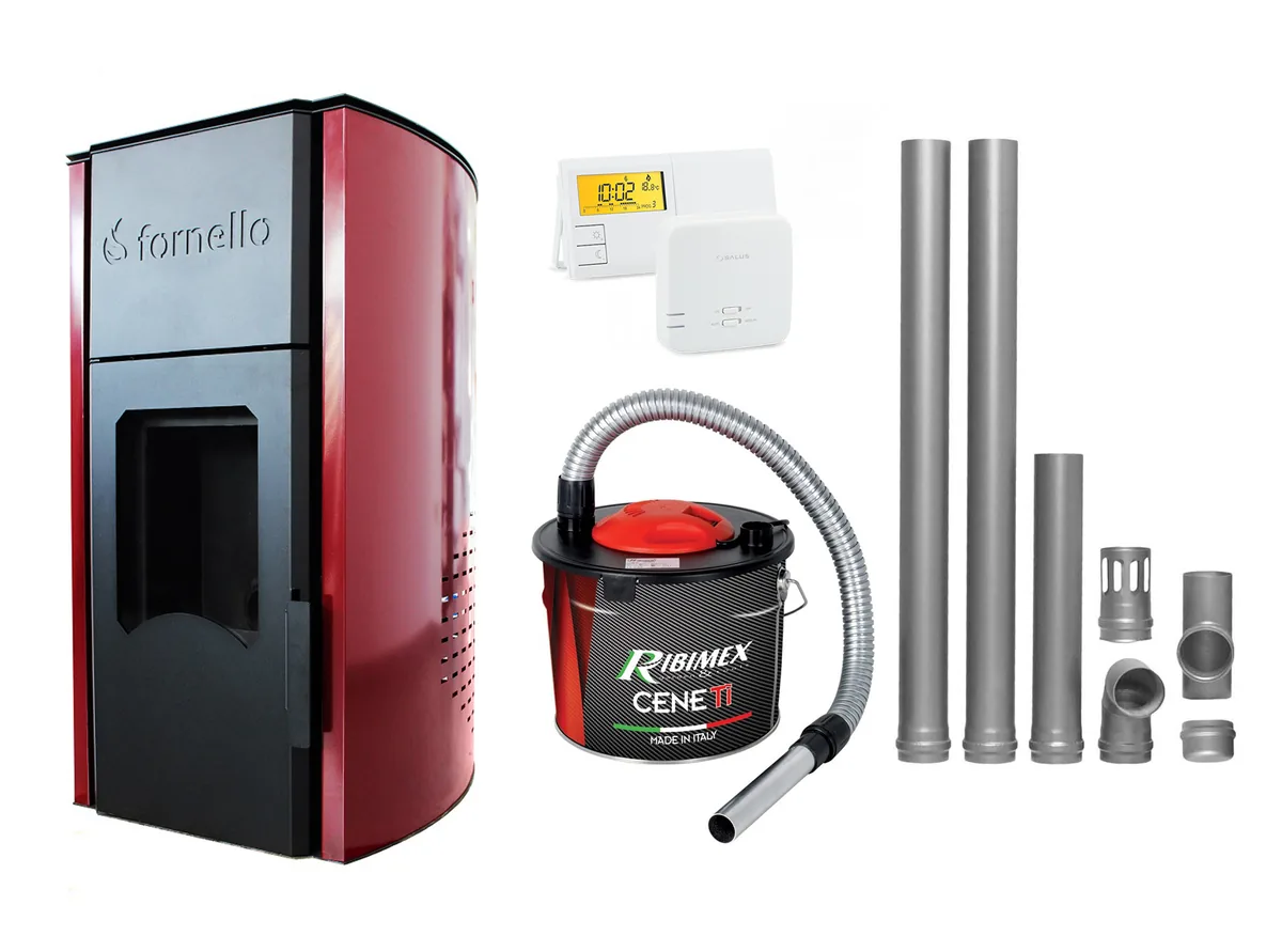 Fornello Royal Bordeaux 25kW 80mm Kit Evacuare 2.5m Termostat Salus 091FLRFV2 Aspirator Cenusa Ribimex 800W 15l Grena