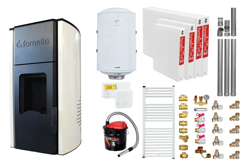 Fornello Royal Ivory 25kW Pachet Complet cu Boiler 100L Termostat Salus Aspirator Calorifere Kit Montaj
