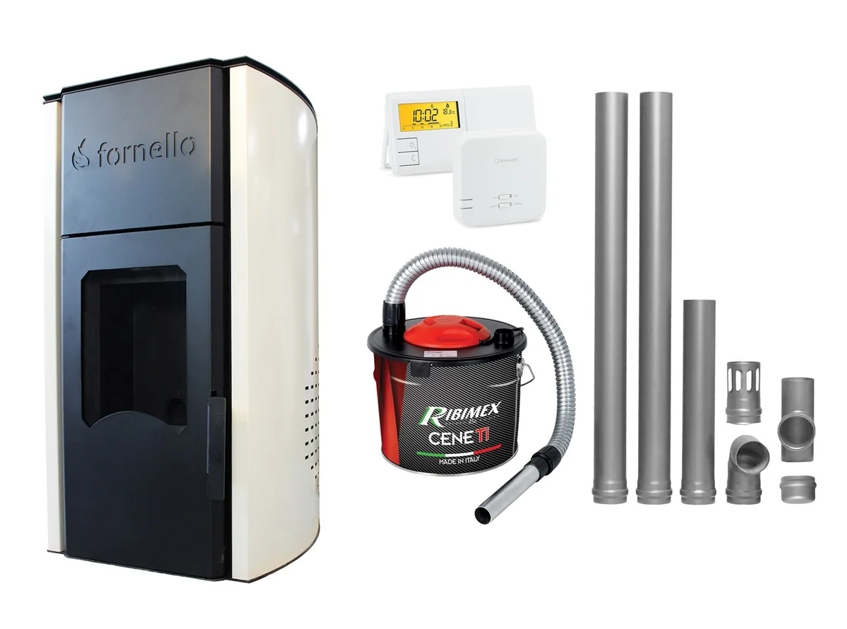 Fornello Royal Ivory 25kW Pachet cu Kit Evacuare 2.5m Termostat Salus 091FLRFV2 si Aspirator Cenusa Ribimex Ceneti