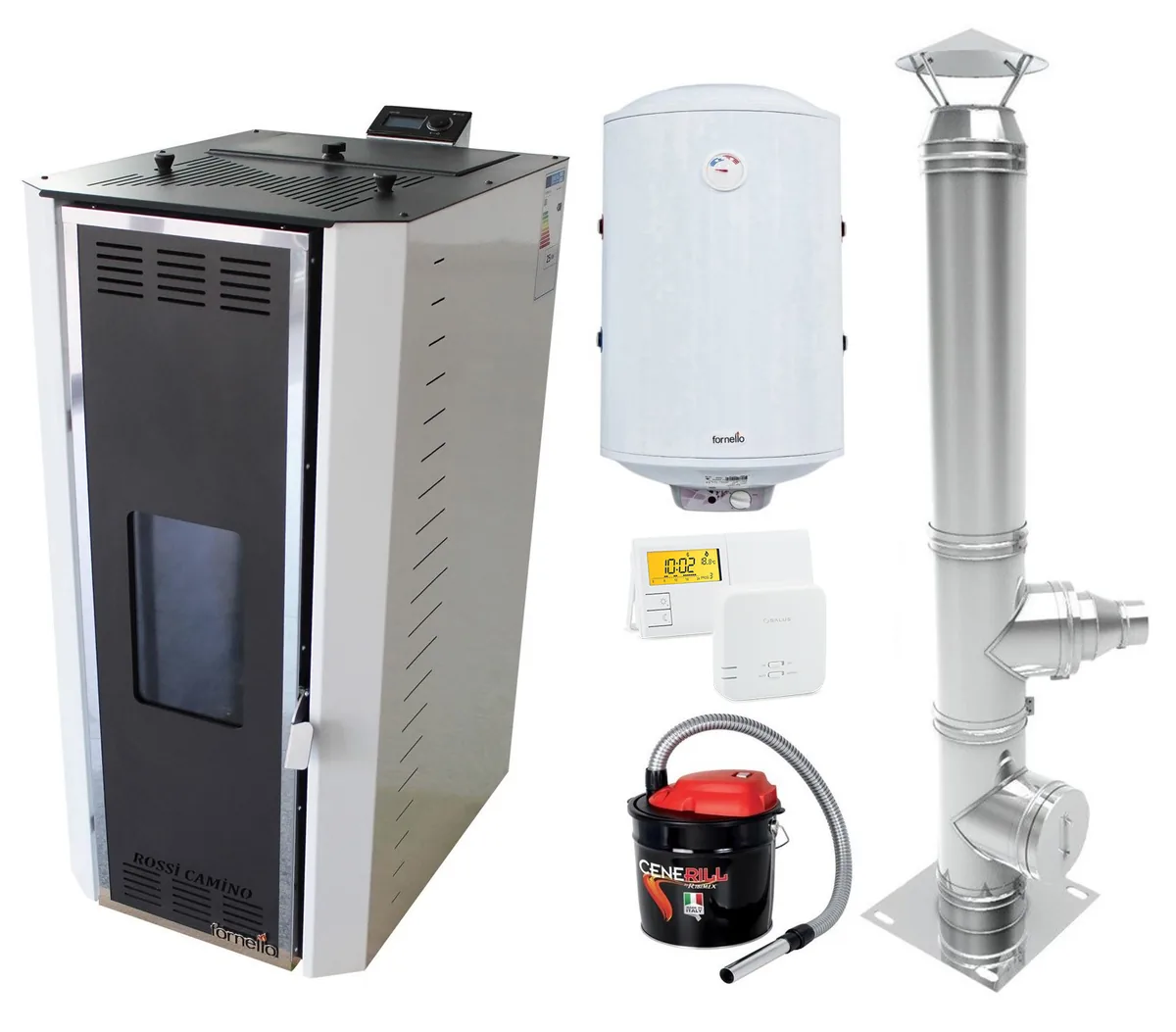 Fornello Termosemineu Rossi Camino 35kW 78L Boiler 100L Termostat Aspirator Cenusa Cos Inox