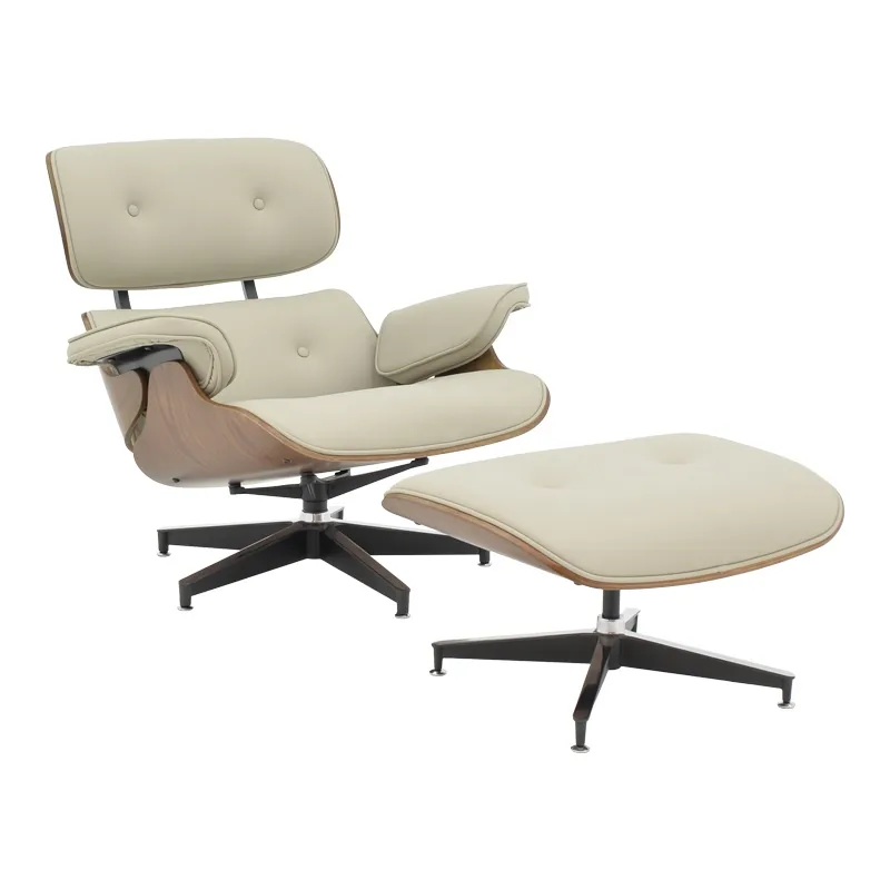 Fotoliu cu Taburet Relax Jenna Bej Piele Ecologica PU Placaj Nuc Baza Crom 82x92x82 cm