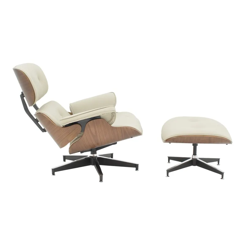 Fotoliu cu Taburet Relax Jenna Bej Piele Ecologica PU Placaj Nuc Baza Crom 82x92x82 cm - imagine 3