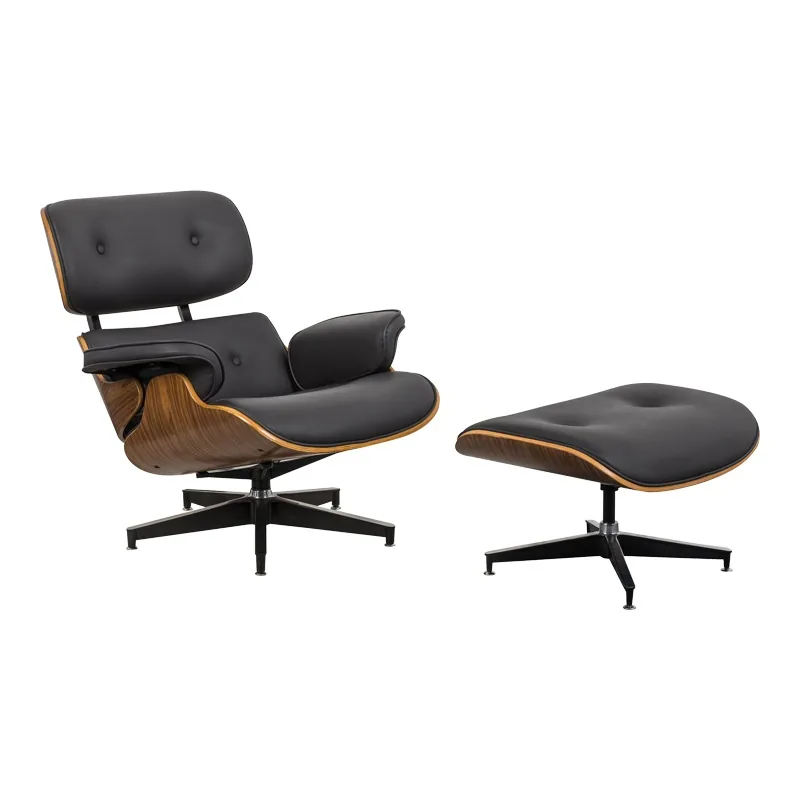 Fotoliu Relax Jenna cu Taburet Piele Ecologica PU Negru Nuc Crom 82x92x82 cm