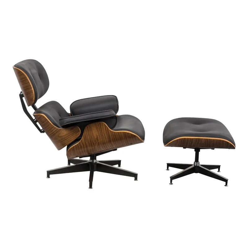 Fotoliu Relax Jenna cu Taburet Piele Ecologica PU Negru Nuc Crom 82x92x82 cm - imagine 2
