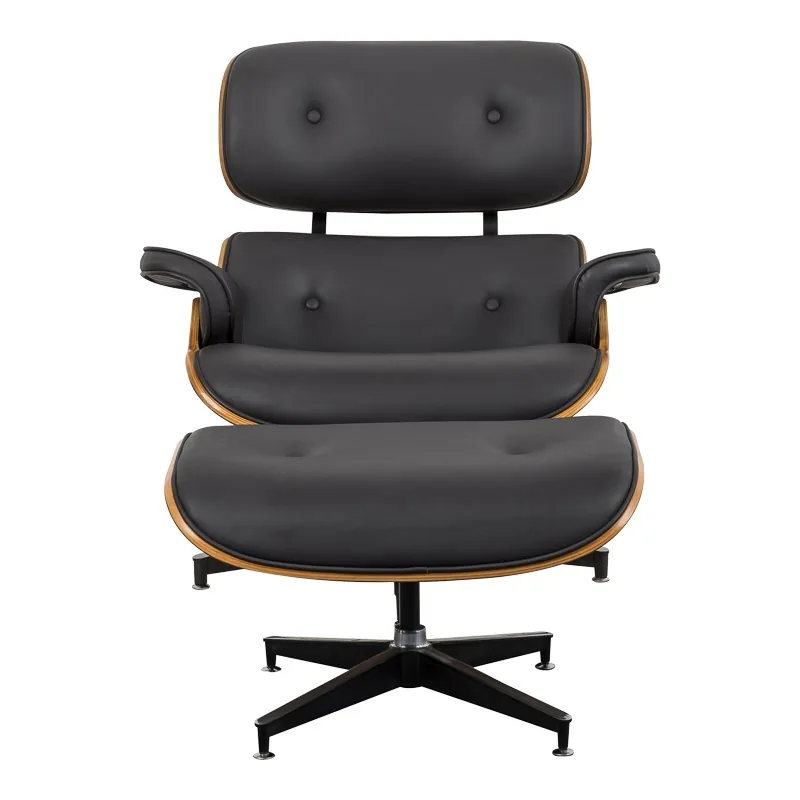 Fotoliu Relax Jenna cu Taburet Piele Ecologica PU Negru Nuc Crom 82x92x82 cm - imagine 3