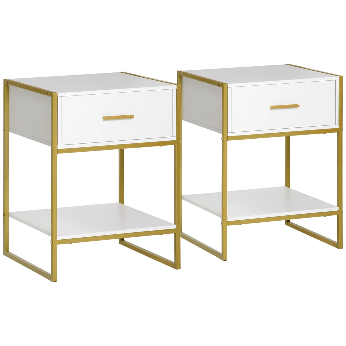 Set Noptiere HOMCOM Moderne cu Raft si Sertar 45x40x60 cm Alb