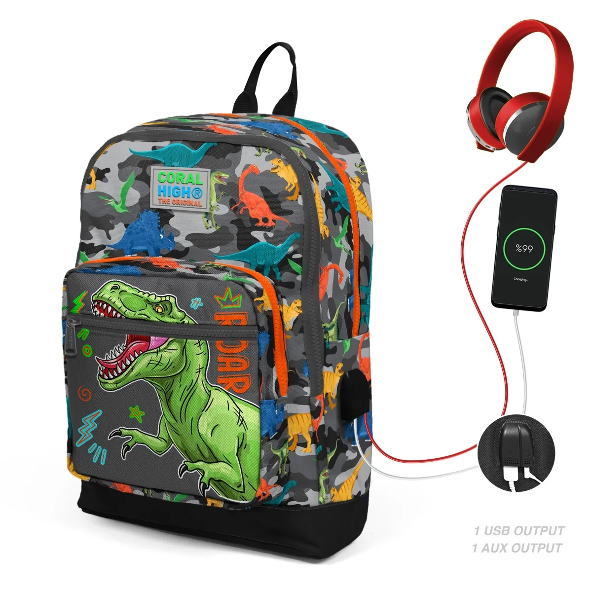 Ghiozdan Coral High 4 Compartimente cu USB Dinozauri