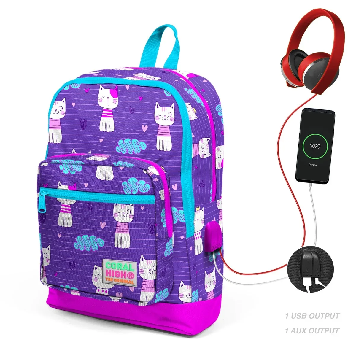 Ghiozdan Coral High 4 Compartimente cu USB Model Pisicute