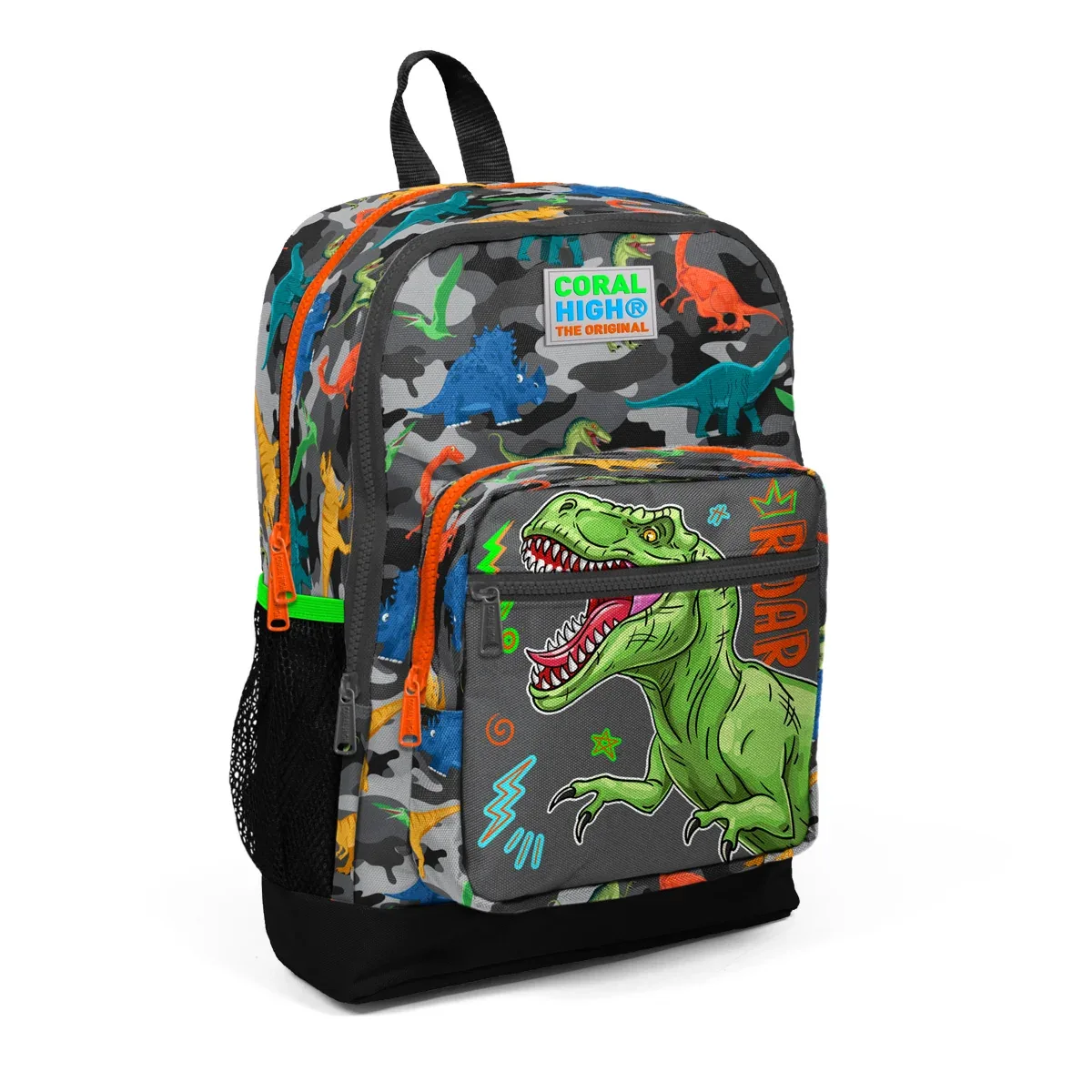 Ghiozdan Coral High 4 Compartimente Gri cu Dinozauri