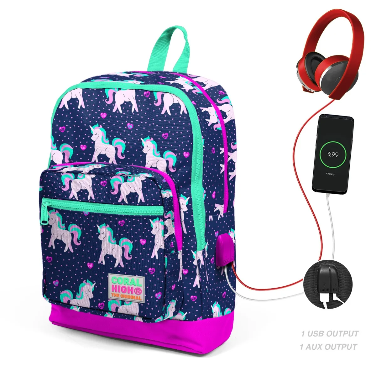 Ghiozdan Coral High 4 Compartimente USB Bleumarin cu Unicorni