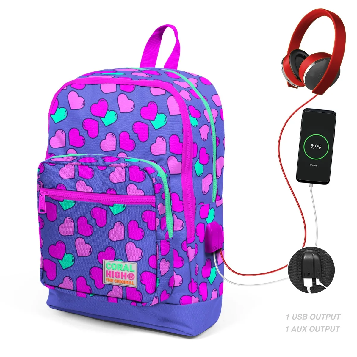 Ghiozdan Coral High 4 Compartimente USB Mov cu Inimioare