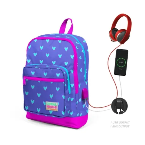Ghiozdan Coral High 4 Compartimente USB Mov cu Inimioare Bleu