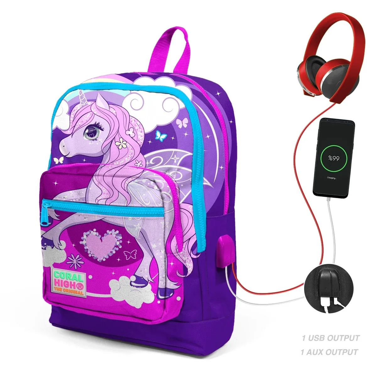 Ghiozdan Coral High 4 Compartimente USB Mov Roz Unicorn