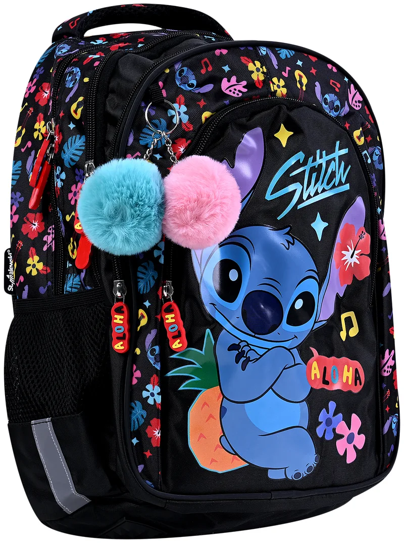 Ghiozdan Scolar St. Right Stitch Black Aloha 4 Compartimente