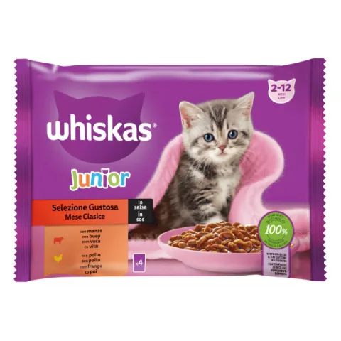 Hrana Umeda pentru Pisici Whiskas Junior Selectii Clasice Sos Carne 4x85g