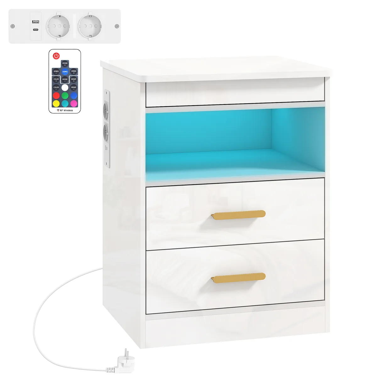 Noptieră HOMCOM cu Stație de Încărcare LED RGB Alb Lucios