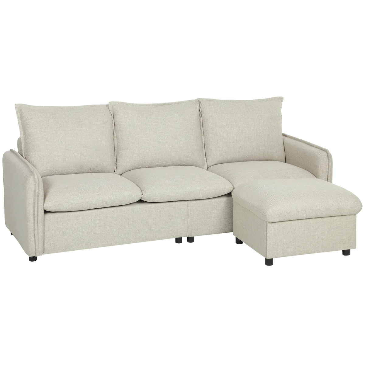 HOMCOM Canapea Colt Modular 3 Locuri cu Pouf de Depozitare Crem