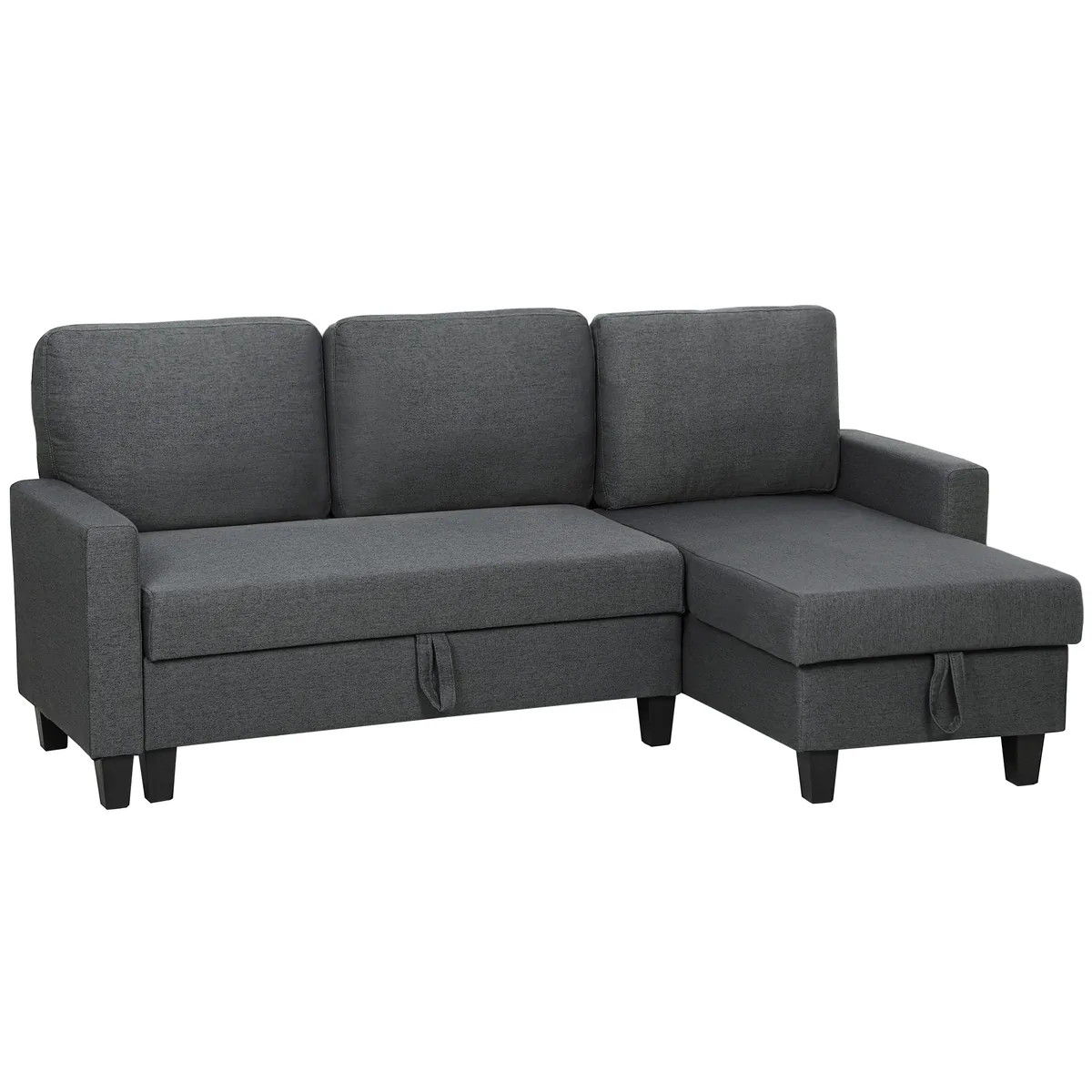 HOMCOM Canapea Extensibila 3 Locuri cu Sezlong si Spatiu de Depozitare 197x129x85cm Gri Inchis