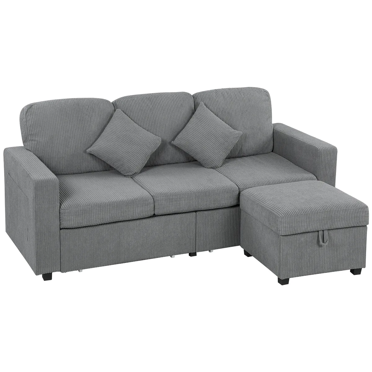 HOMCOM Divan 3 Locuri cu Pouf de Depozitare Velur cu Nervuri 196x139x85 cm Gri