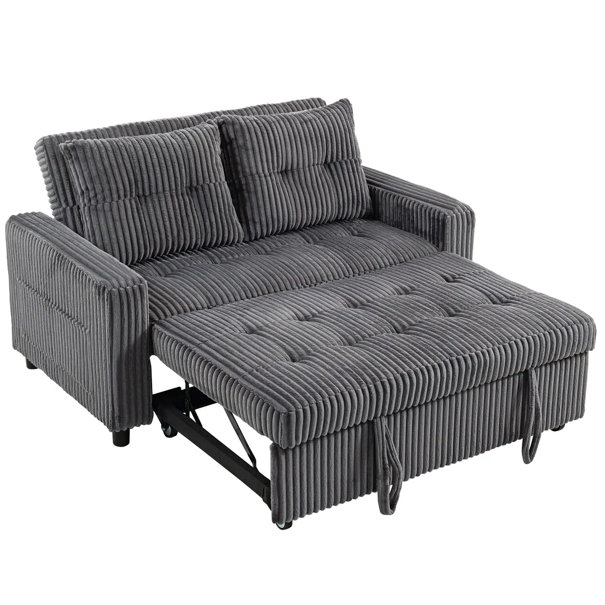 HOMCOM Pat Canapea 2 Locuri Husă Cord Transformabil Canapea de Dormit 2 Perne Buzunare Laterale 157 x 190 cm Gri Închis