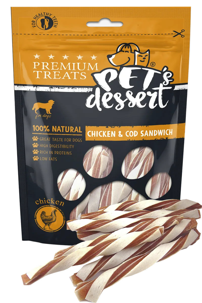 Hrana Complementara pentru Caini Adulti Pet's Dessert Sandwich cu Pui si Cod 80g