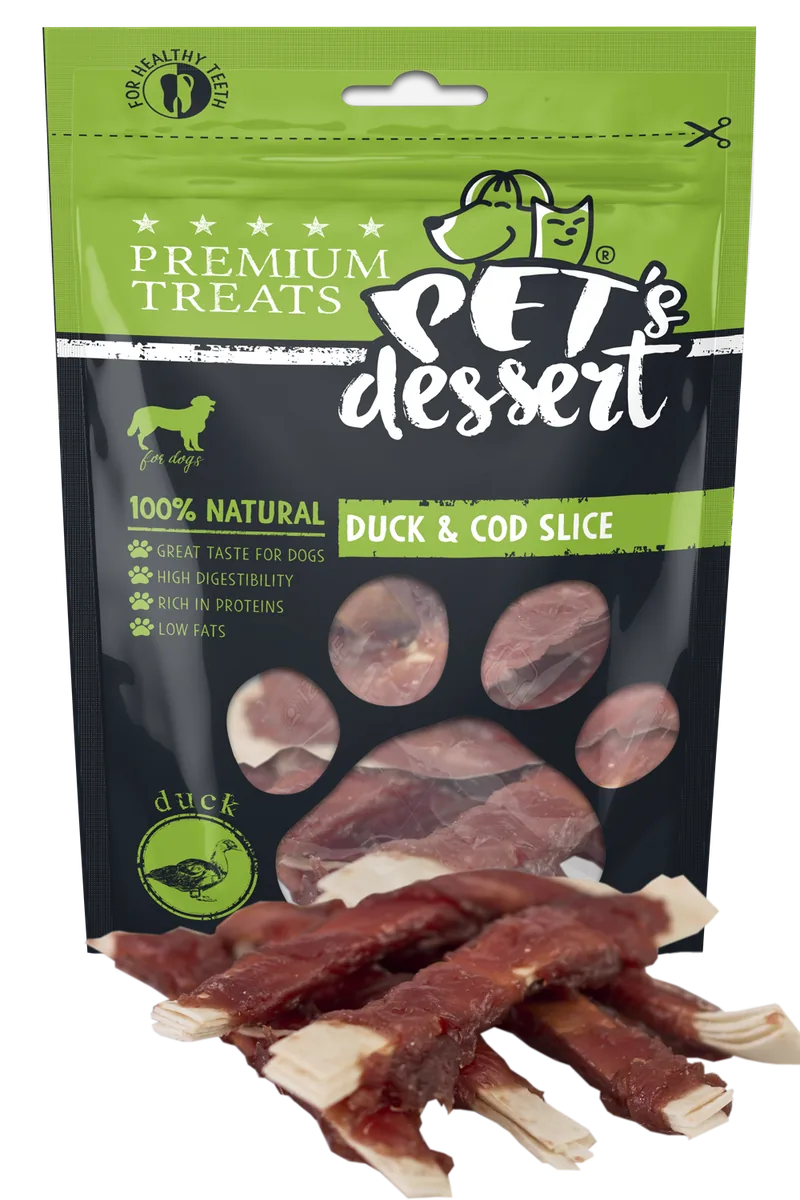 Hrana Complementara pentru Caini Pet's Dessert DuckCod Slice 80g Adulti