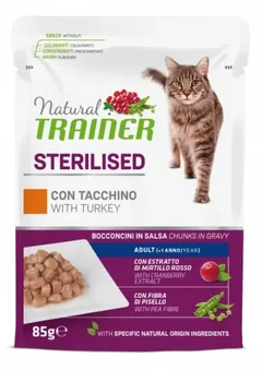 Hrana Umeda pentru Pisici Adulte Natural Trainer Sterilizate Curcan 85g x 12 buc