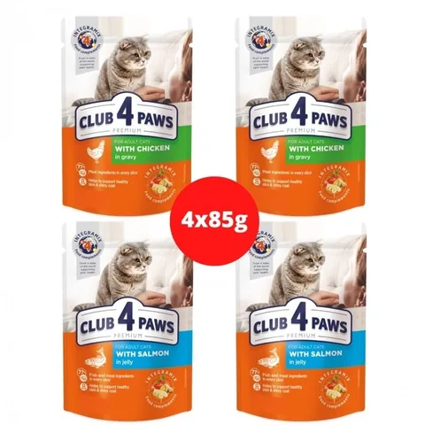 Hrana Umeda pentru Pisici Kormotech Club 4 Paws Cat Pui și Somon 4x85g