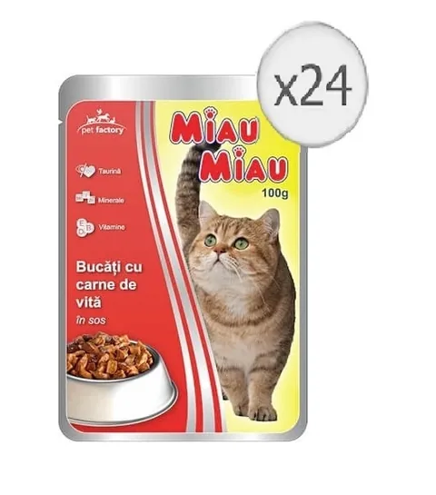 Hrana Umeda pentru Pisici Miau Miau Carne de Vita in Sos 24 x 100g
