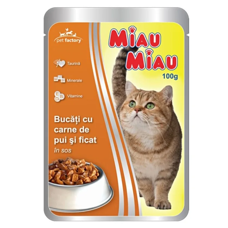Hrana Umeda pentru Pisici Miau Miau Pui si Ficat in Sos Plic 100g