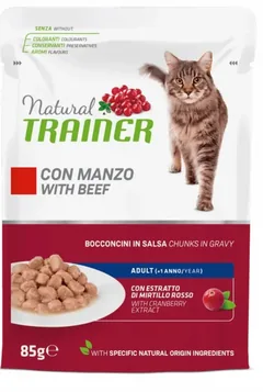 Hrana Umeda pentru Pisici Natural Trainer Adult Bucati de Vita in Sos 85g x 12