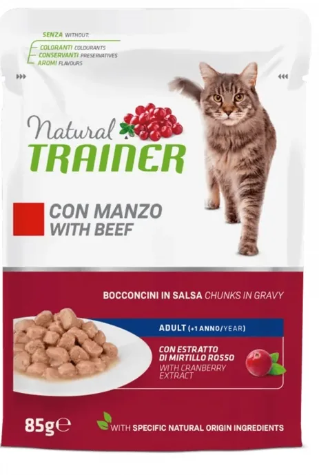 Hrana Umeda pentru Pisici Natural Trainer Adult Bucati de Vita in Sos 85g x 12
